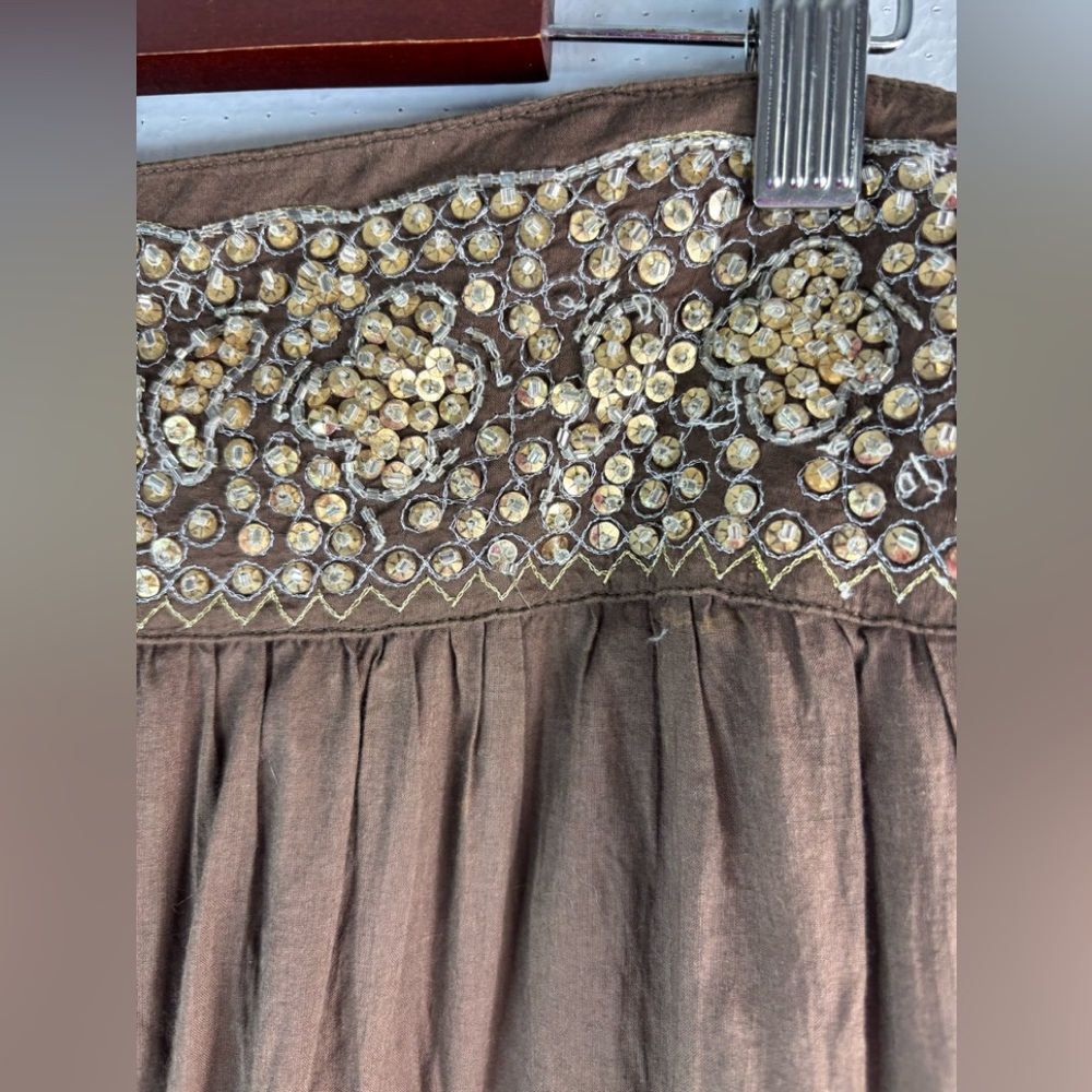 BCBGMaxAzria S Cotton Tiered Brown Embellished Beaded Waist Midi Skirt - Picture 5 of 12
